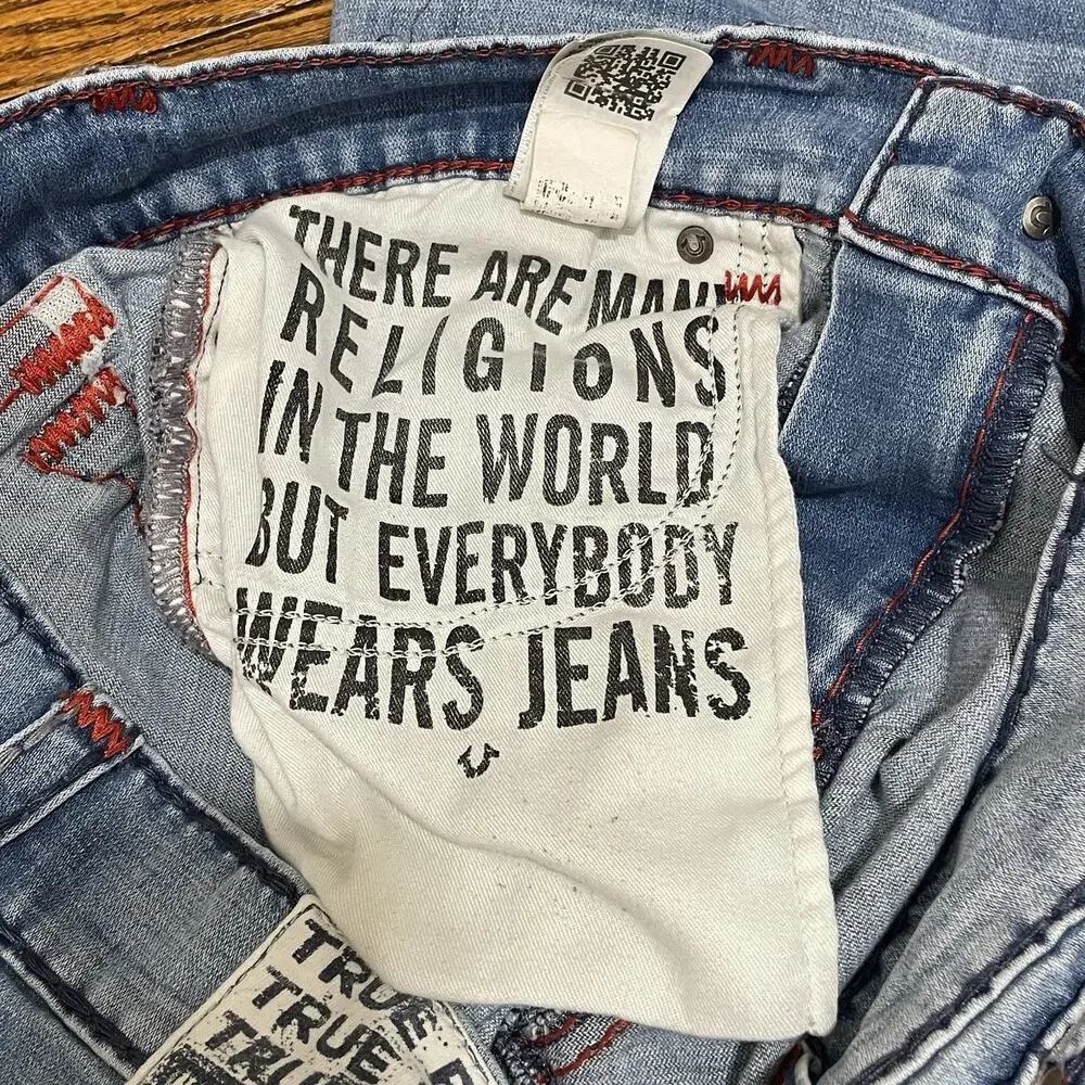 True Religion Ricky Blue Super T Relaxed Straight Flap Jeans Mens 33 Red Stitch